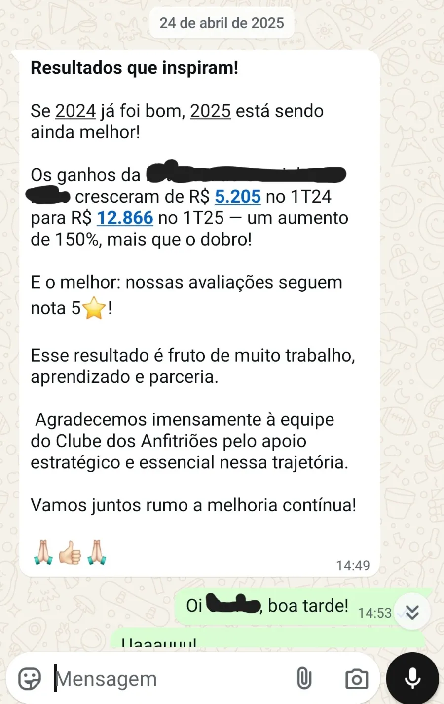 Print de aluno: ganhos cresceram 150% do 1º trimestre de 2024 pro de 2025
