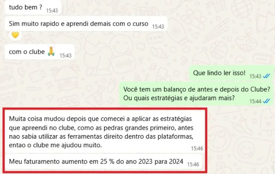Print de aluno: faturamento aumentou 25% de 2023 pra 2024