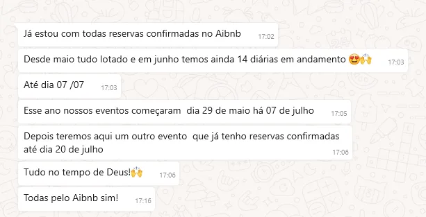 Print de aluna: desde maio tudo lotado no Airbnb, reservas confirmadas até julho