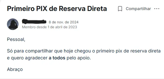 Print de aluno: primeiro PIX de reserva direta